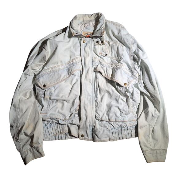 Vtg 1980s Blue Creek Jeans Sev's Bar Logo Light Wash Denim Utility Jacket Sz XL - Picture 1 of 9